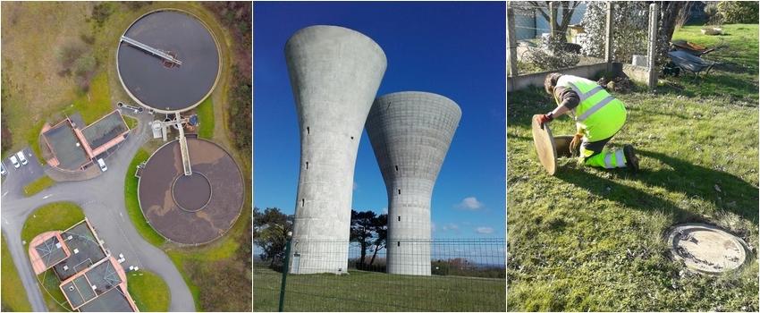 station d'épuration de Saint-Jean-la-Poterie, chateaux d'eau les Fraux de Pipriac, fosse d'assainissement individuel © Véolia, Saur, REDON Agglomération