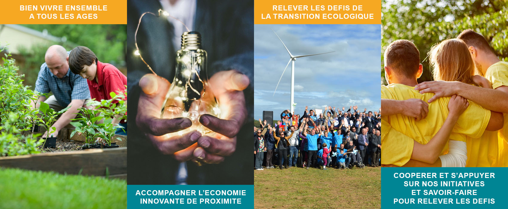 personne agee et enfant jardinent, mains qui tiennent une ampoule, personnes joyeuses devant une éolienne, groupe de jeunes