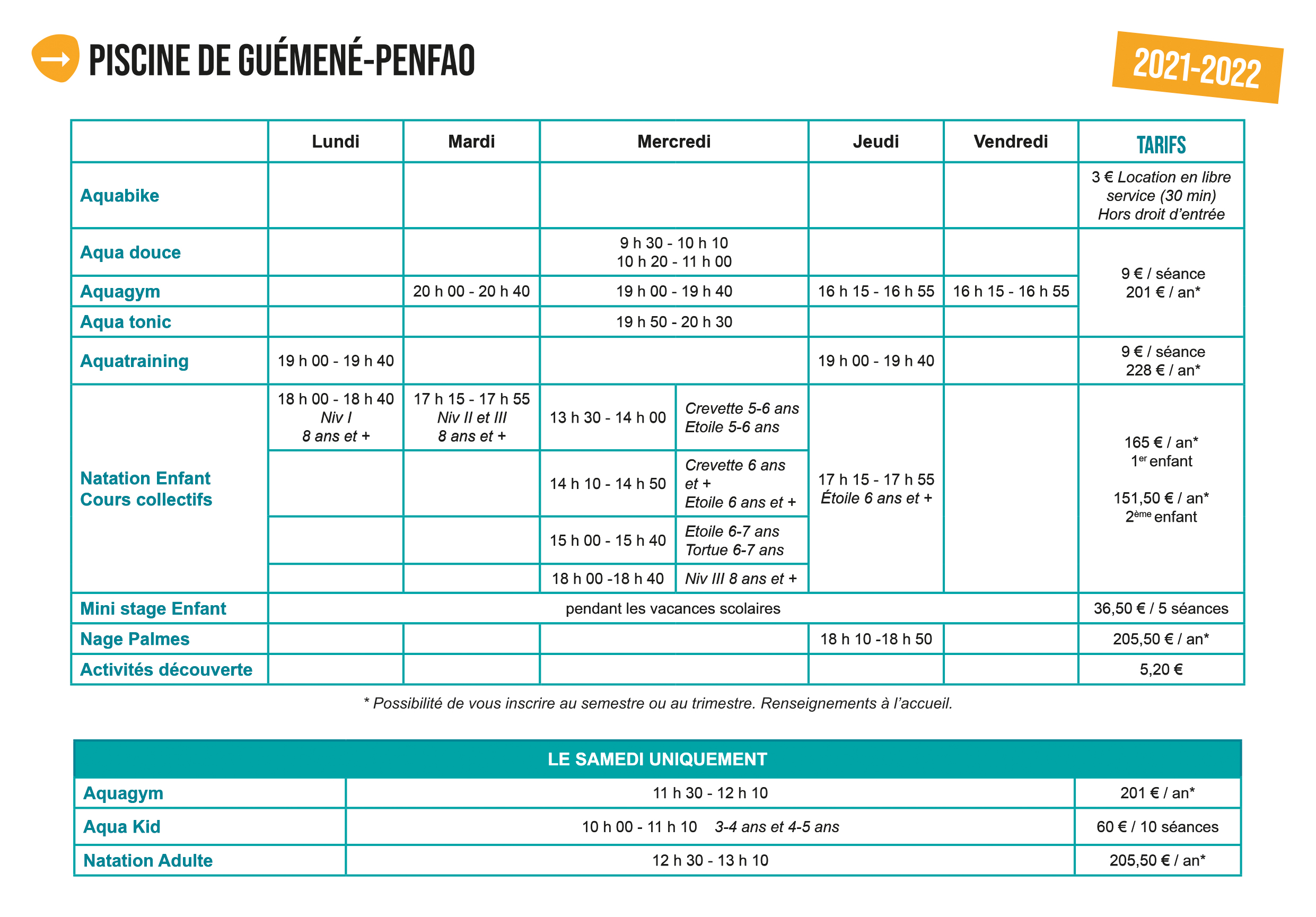 cours et animations Piscine Guéméne 2022 