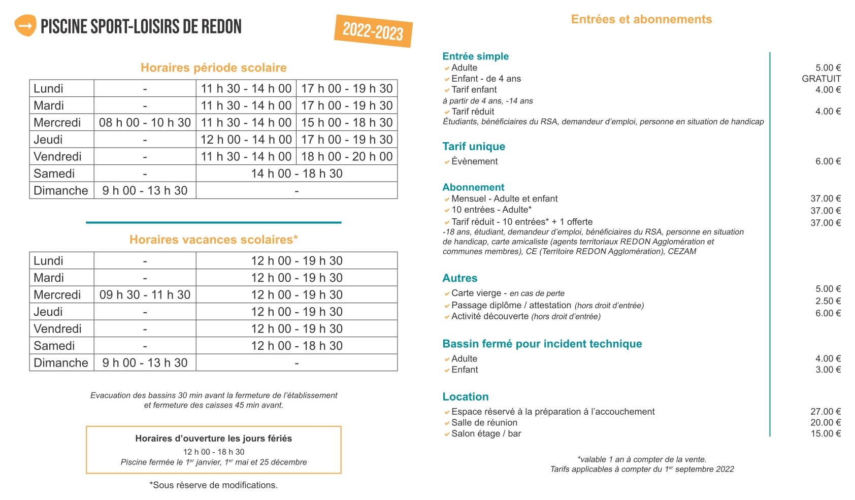 horaires et tarifs piscine Redon 2022-09