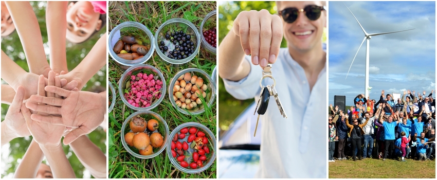 mains, fruits, clé, éolienne, groupe de personnes