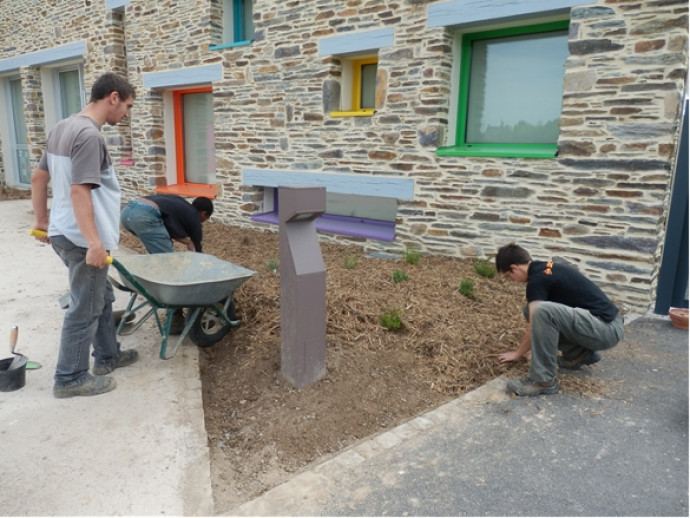 chantier, terre, brouette, ouvriers