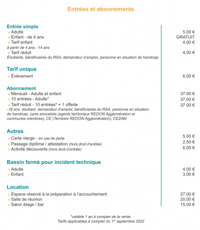 tarifs piscine Redon