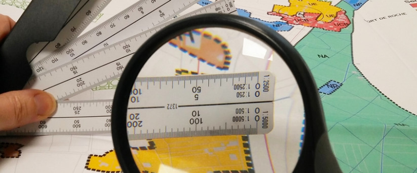 carte, loupe, plan, règle à échelle