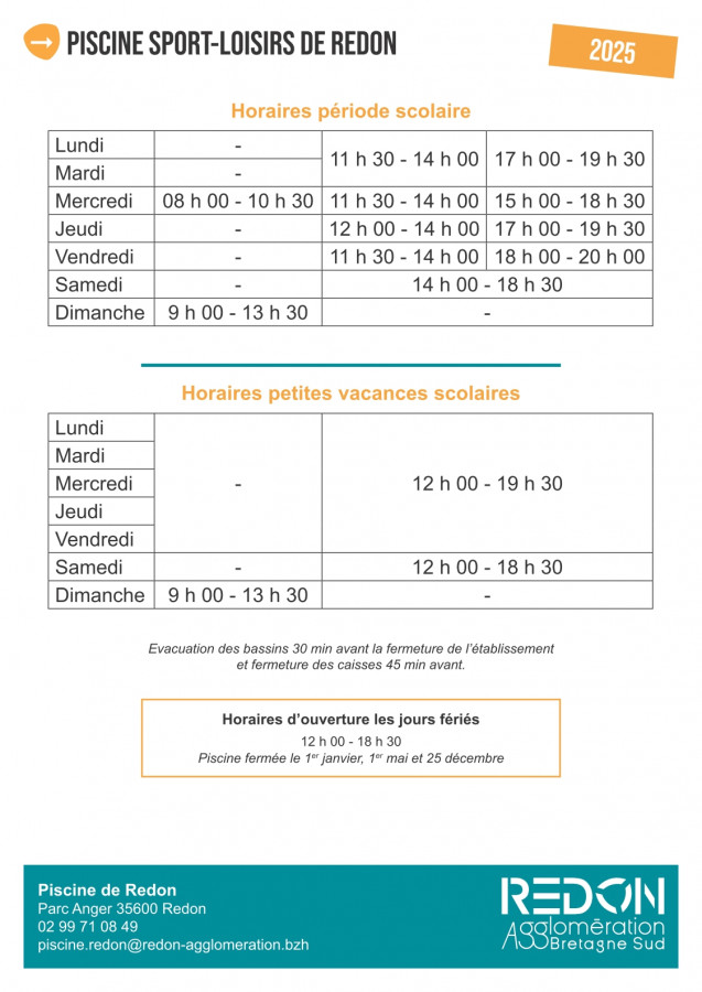 horaires piscine Redon 2025