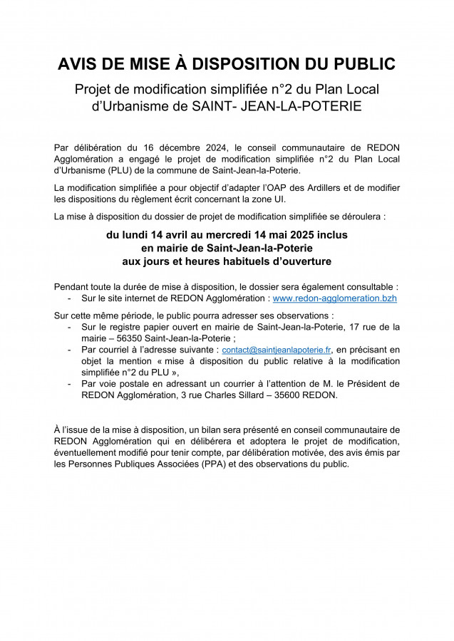 PLU Saint-Jean-la-Poterie - avis mise à disposition du public (2025-04)