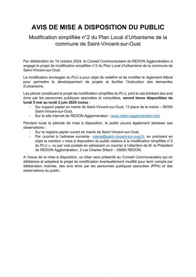 PLU Saint-Vincent-sur-Oust - avis mise à disposition du public (2025-05)