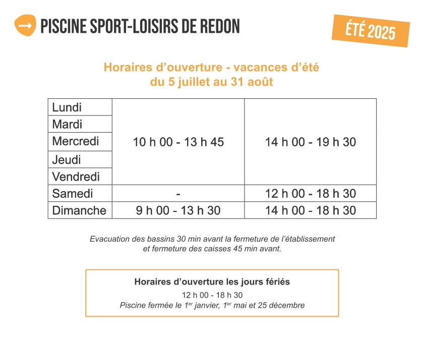 horaires été 2025 - piscine Redon 
