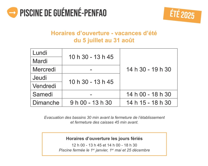 horaires été 2025 - piscine de Guémené