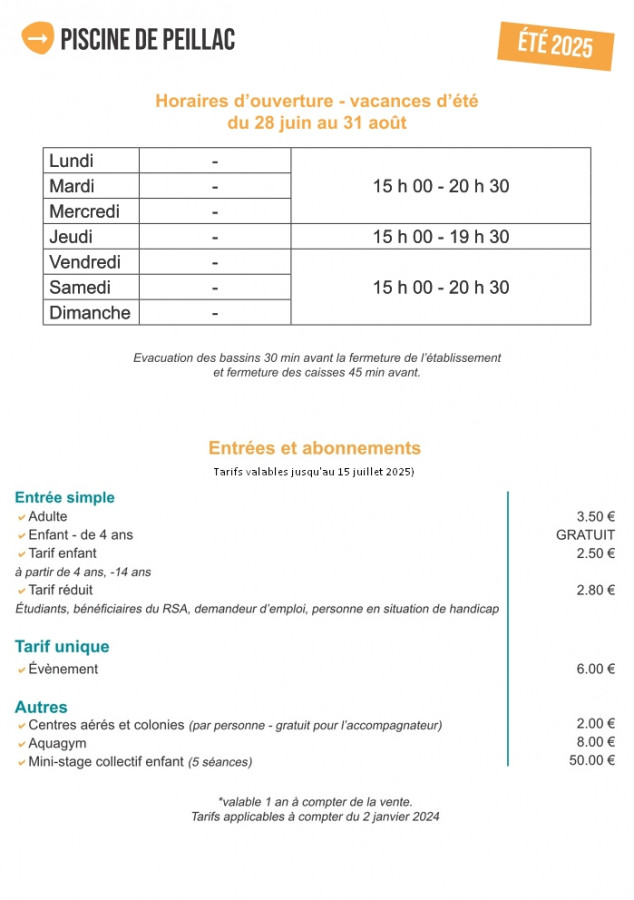 horaires 2025 - tarifs 2024