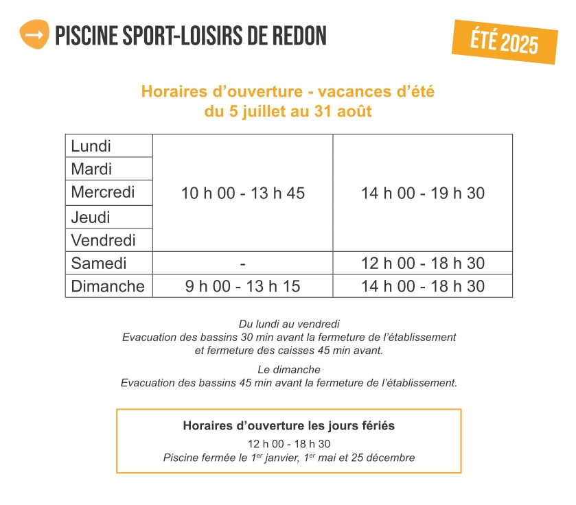 horaires été 2025 - piscine Redon 