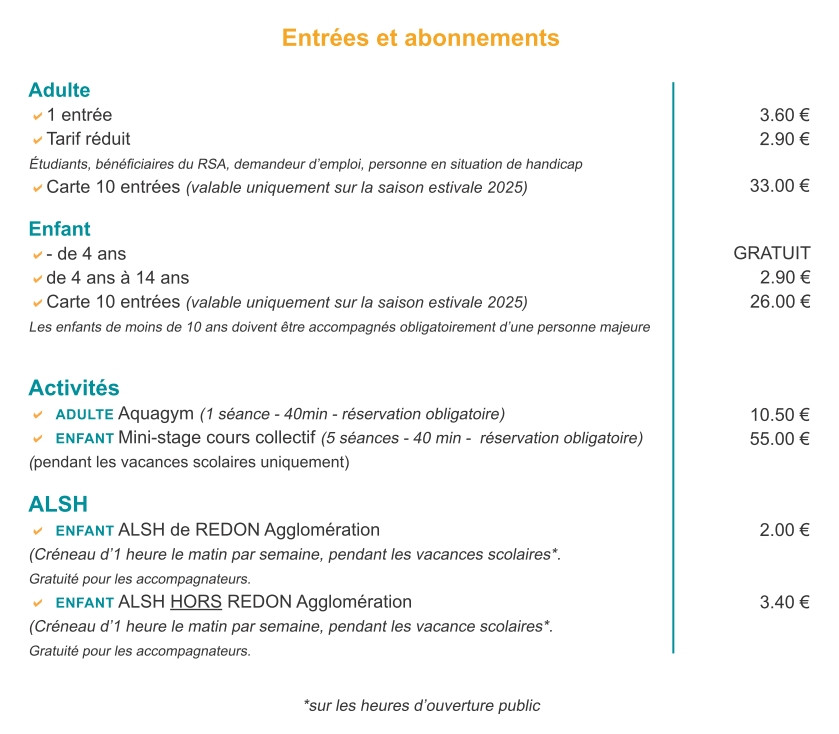 tarif piscine Peillac 2025