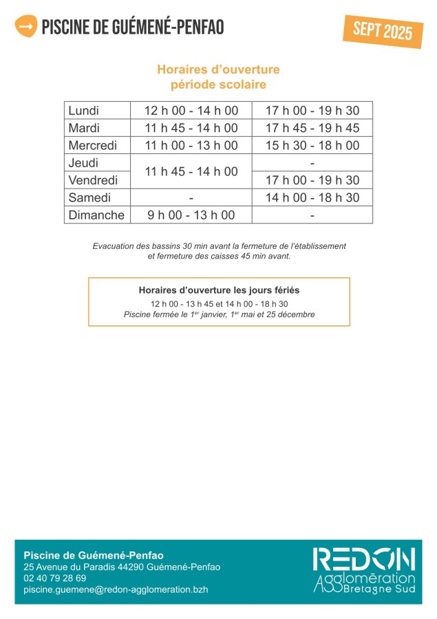 horaires piscine Guémené 2025