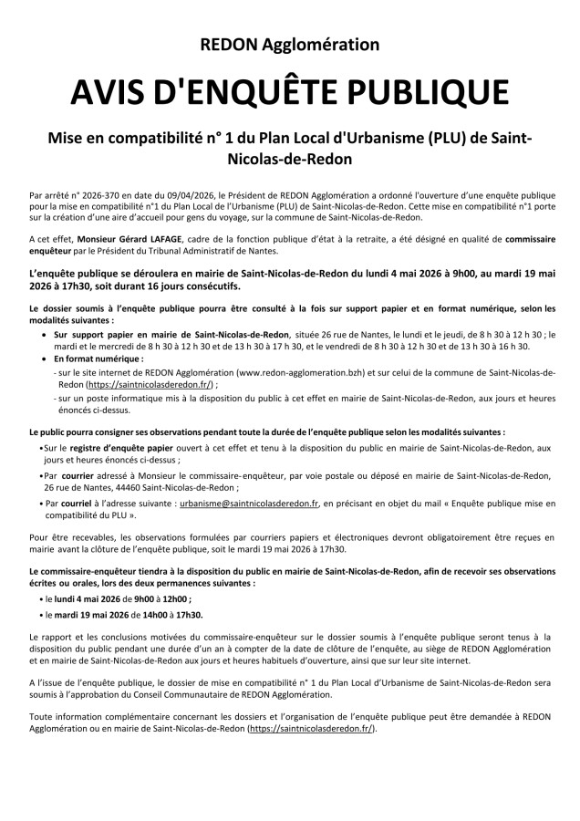 PLU Saint-Nicolas-de-Redon - avis d'enquête publique (2026-05)