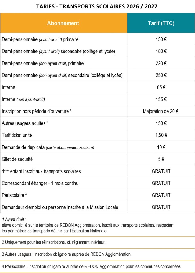 tarifs transports scolaires - 2026/2027