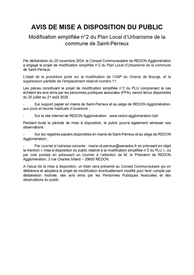 PLU Saint-Perreux - avis de mise à disposition du public (2026 07)