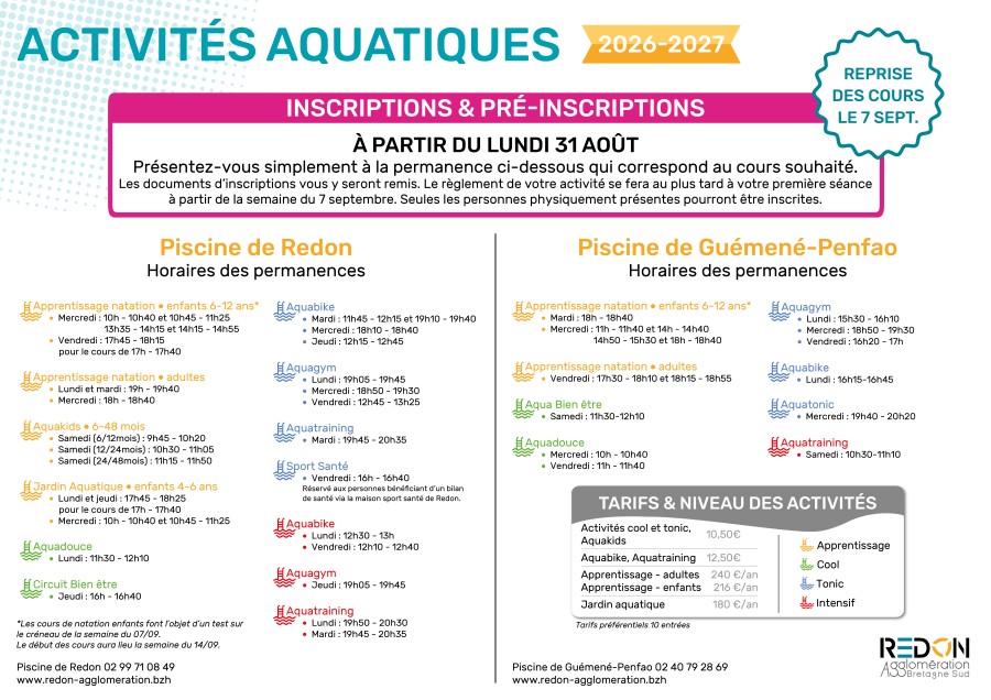 (pré)inscriptions activités aquatiques 2026-2027