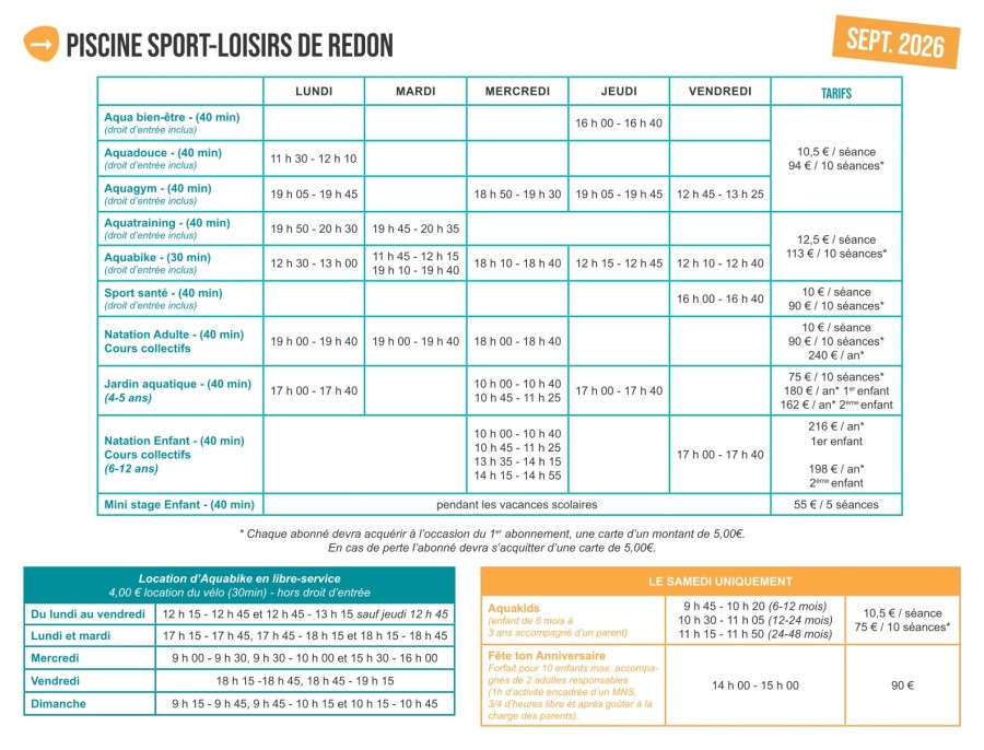tarifs activités piscine Redon (sept 2026)