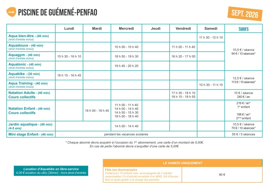 tarifs activités piscine de Guémené (septembre 2026)