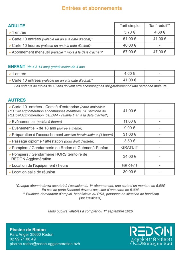 tarifs entrées piscine Redon (sept 2026)