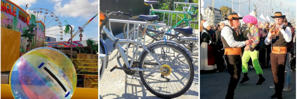 jeux, manèges, vélos, musiciens